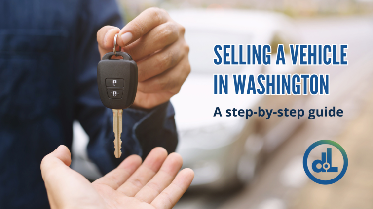 A car key is handed over to the new owner. Selling a vehicle in Washington state? This image goes with a step-by-step guide from the Department of Licensing.